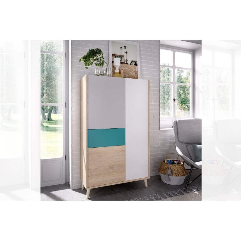 Vitrina modelo nova 2 puertas y cajon en natural gris esmeralda y blanco