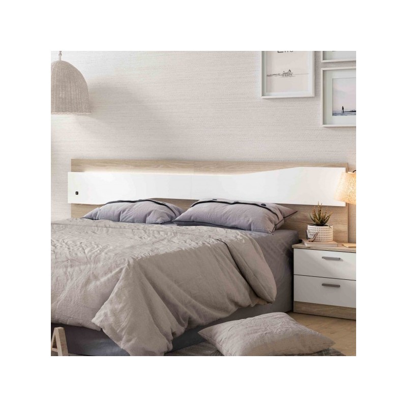 Cabecero leds nantes con dos mesitas couple tres cajones en color blanco u sahara/blanco