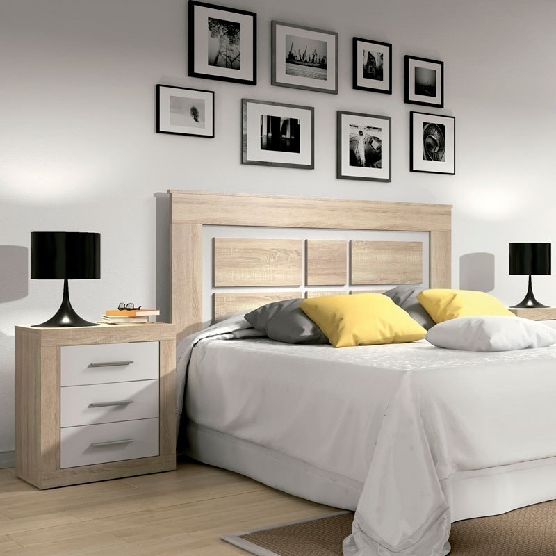 DORMITORIO OFERTA, COMPUESTO POR CABECERO Y DOS MESITAS,  EN COLORES CAMBRIAN BLANCO, CAMBRIAN GRAFITO Y BLANCO PINO ANDERSEN.